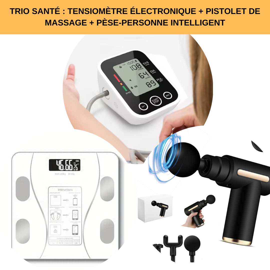 Trio santé : Tensiomètre électronique + Pistolet de massage + Balance connectée